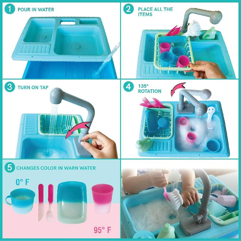 Photo 3 of The Bubble Factory SPLASHFUN Wash-up Kitchen Sink Play Set, Color Changing Play Cups & Accessories, Running Water Pretend Play, 15 Pieces, Age 3+, Kitchen Toy Set with Working Faucet, Easy Storage
.