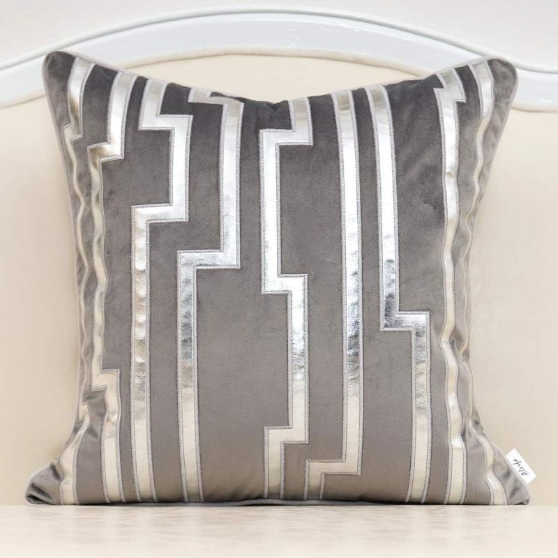 Photo 1 of Alerfa 20 x 20 Inches Gray Geometric Silver Leather Striped Cushion Cases Luxury European Throw Pillow Covers Decorative Pillows for Couch Living Room Bedroom Car 50 x 50cm