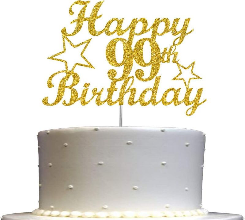 Photo 1 of 99 Birthday Cake Topper Gold Glitter, Party Decoration Ideas, Premium Quality, Sturdy Doubled Sided Glitter, Acrylic Stick. Made in USA (99th)