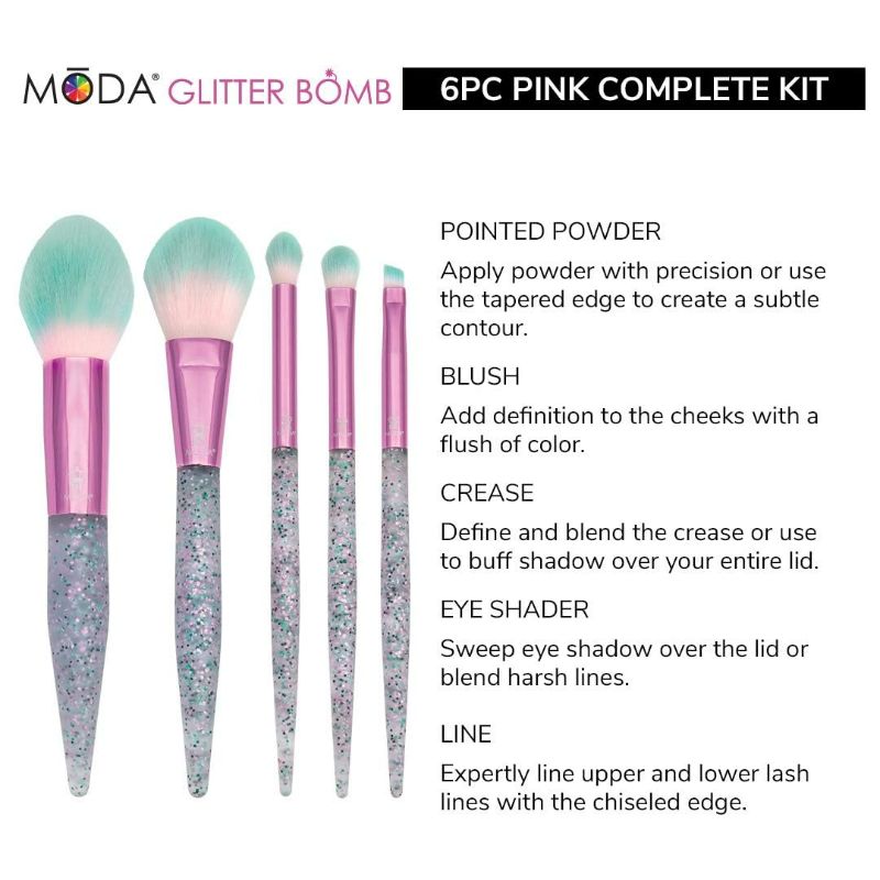 Photo 3 of MODA Full Size Glitter Bomb 6pc Complete Makeup Brush Kit with Pouch Includes, Pointed Powder, Blush, Crease, Eye Shader, and Liner Brushes, Pink