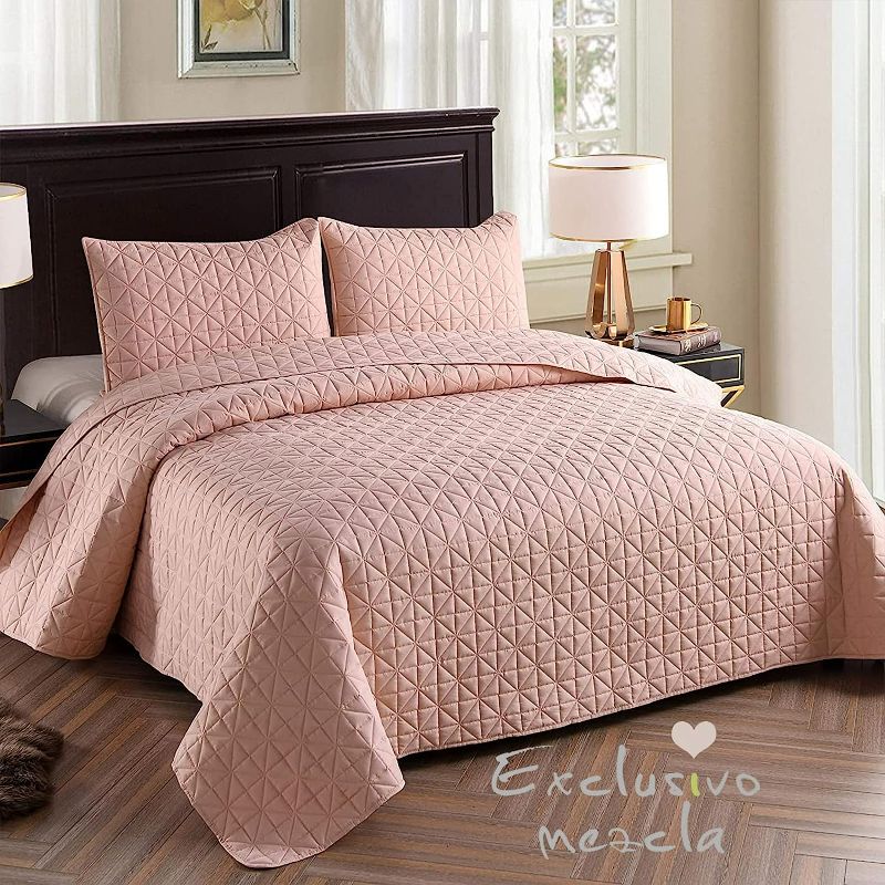 Photo 2 of Exclusivo Mezcla 3-Piece King Size Quilt Set with Pillow Shams, Grid Quilted Bedspread/Coverlet/Bed Cover(96x104 Inches, Blush Pink) -Soft, Lightweight and Reversible