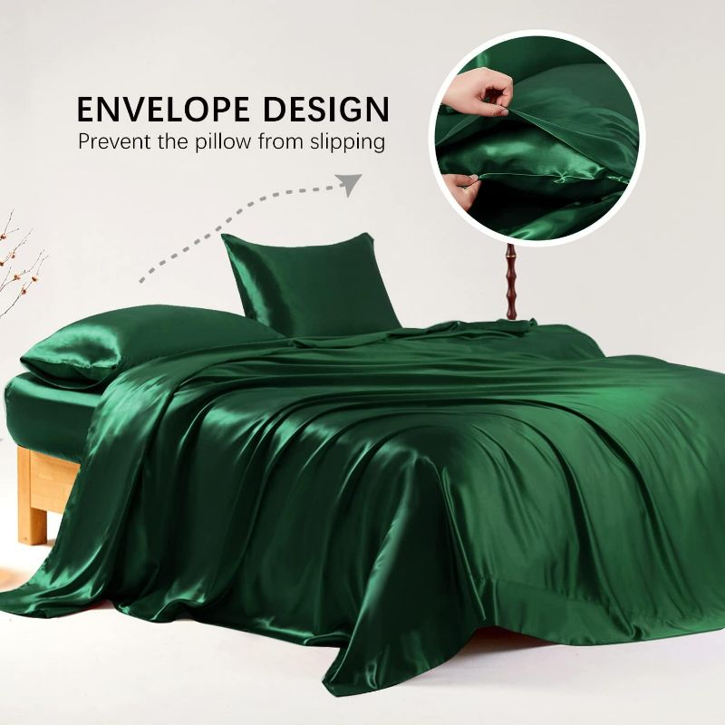 Photo 3 of Candoury Satin Sheets Queen Bed Set 4 Pcs, Soft and Durable Pillowcase, Flat Sheet and Fitted Sheet, Hotel Luxury Silky Satin Sheets Set(Queen, Dark Green)