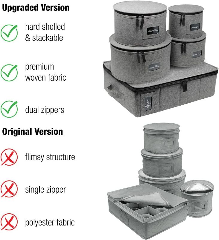 Photo 3 of Sorbus China Dinnerware Storage Organizer Hard Shell 5-Piece Set for Protecting or Transporting - Service for 12 - Round Plate and Cup holder with Quilted Felt for Plate Dividers (Gray)