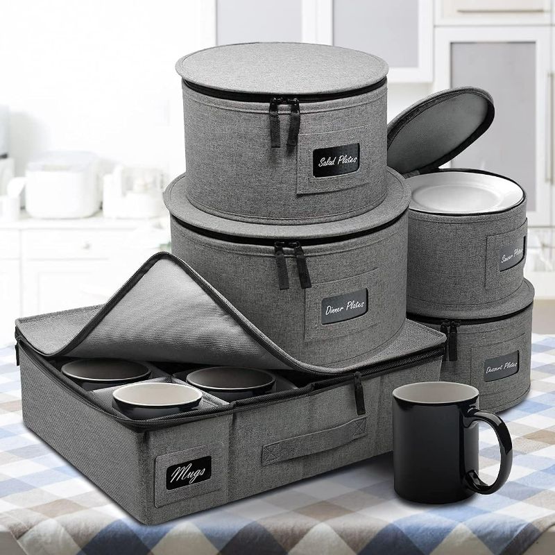 Photo 6 of Sorbus China Dinnerware Storage Organizer Hard Shell 5-Piece Set for Protecting or Transporting - Service for 12 - Round Plate and Cup holder with Quilted Felt for Plate Dividers (Gray)
