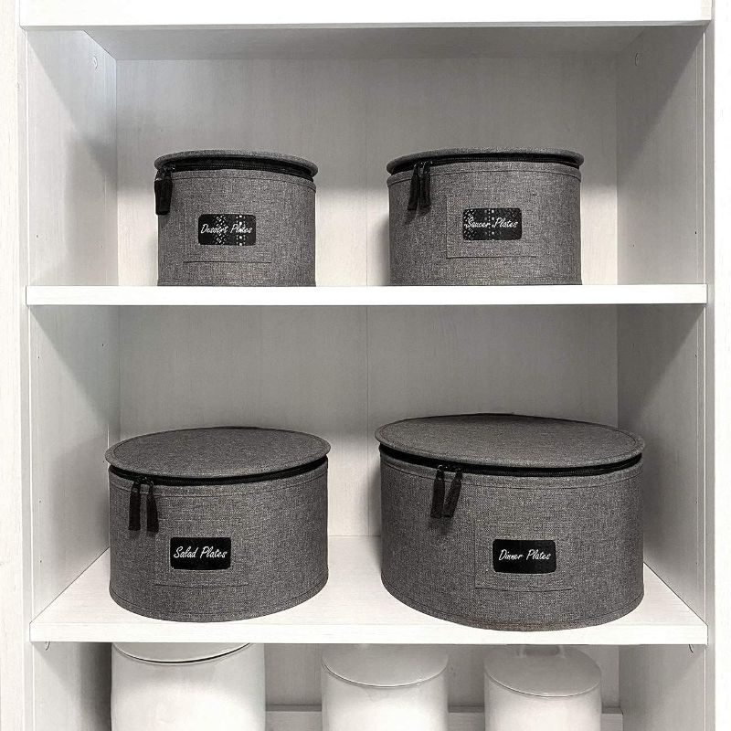 Photo 7 of Sorbus China Dinnerware Storage Organizer Hard Shell 5-Piece Set for Protecting or Transporting - Service for 12 - Round Plate and Cup holder with Quilted Felt for Plate Dividers (Gray)