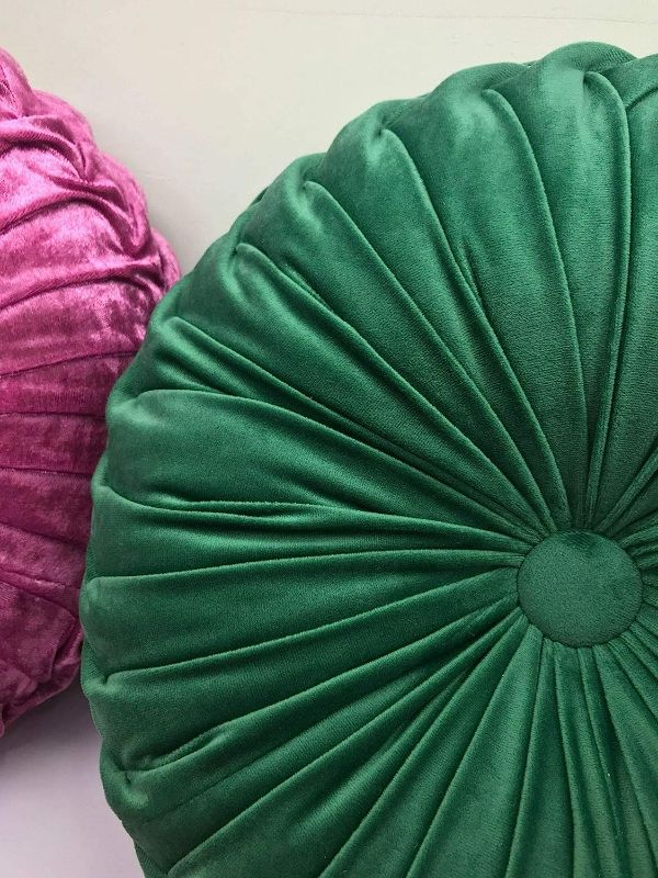 Photo 2 of Round Throw Pillow Velvet Home Decoration Pleated Cushion for Couch Chair Bed Car Emerald Green