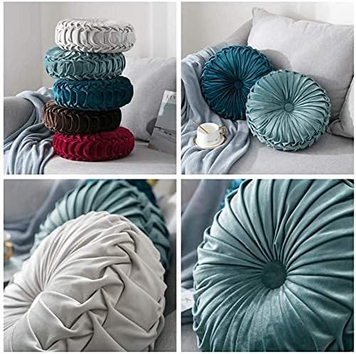Photo 4 of Round Throw Pillow Velvet Home Decoration Pleated Cushion for Couch Chair Bed Car Emerald Green