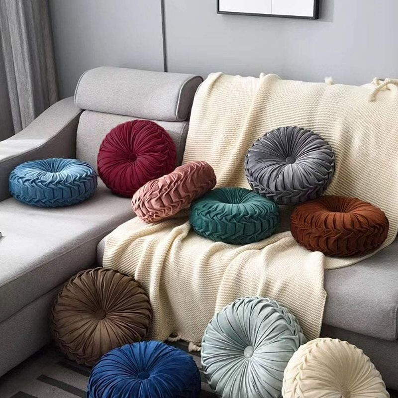 Photo 3 of Round Throw Pillow Velvet Home Decoration Pleated Cushion for Couch Chair Bed Car Emerald Green