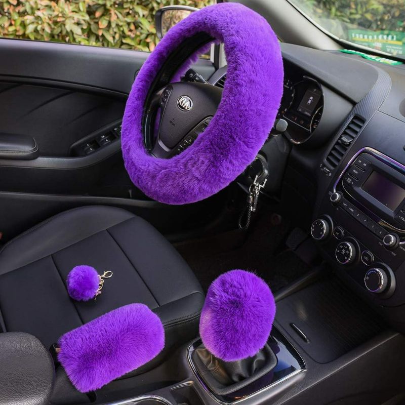 Photo 5 of Valleycomfy 4PCS Set Fluffy Steering Wheel Cover with Handbrake Cover & Gear Shift Cover Fuzzy Steering Wheel Cover for Women Plush Car Wheel Cover Universal Fit 15 Inch Purple