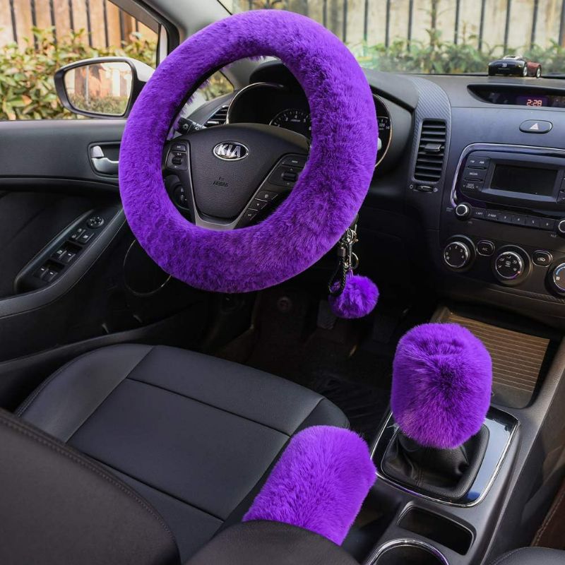 Photo 1 of Valleycomfy 4PCS Set Fluffy Steering Wheel Cover with Handbrake Cover & Gear Shift Cover Fuzzy Steering Wheel Cover for Women Plush Car Wheel Cover Universal Fit 15 Inch Purple