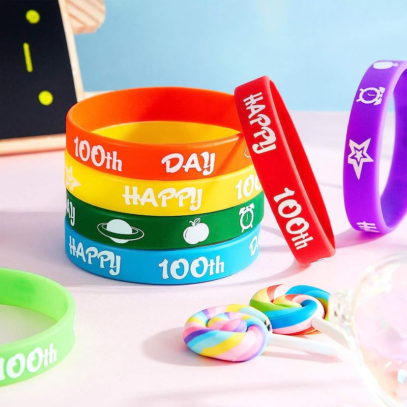 Photo 4 of 48 Pieces 100th Day of School Silicone Bracelets Back to School Silicone Bracelets Happy 100th Day Wristbands Rubber Bracelets Assorted Color Bracelets for School Party Favors