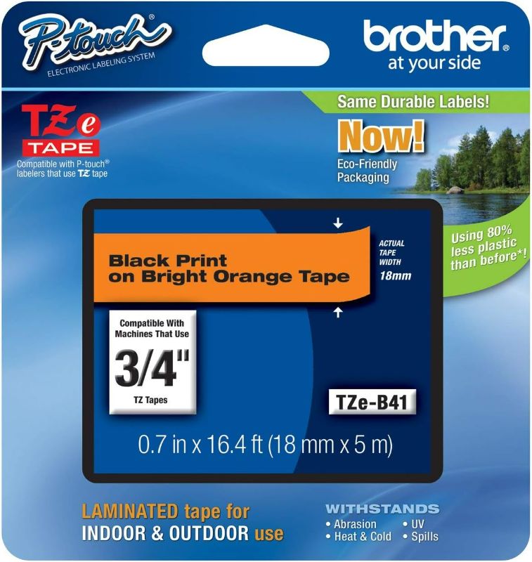 Photo 1 of Brother Genuine P-touch TZE-B41 Tape, 3/4" (0.7") Wide Standard Laminated Tape, Black on Fluorescent Orange, Laminated for Indoor or Outdoor Use, Water-Resistant, 0.7" x 16.4' (18mm x 5M), TZEB41