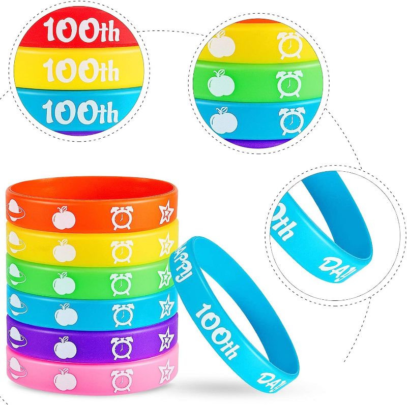 Photo 4 of 48 Pieces 100th Day of School Silicone Bracelets Back to School Silicone Bracelets Happy 100th Day Wristbands Rubber Bracelets Assorted Color Bracelets for School Party Favors