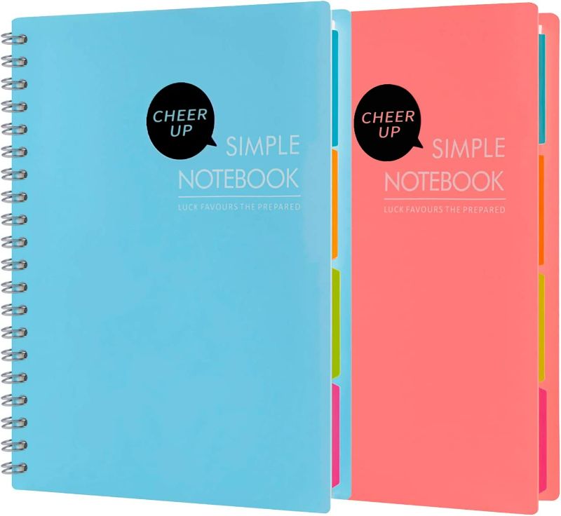 Photo 1 of Cheer Up Spiral Notebooks, 4 Subject Notebook with Dividers, B5 10" x 7" Wide Ruled, Each 240 Pages, PP Cover, 2 Pack (Blue + Pink)