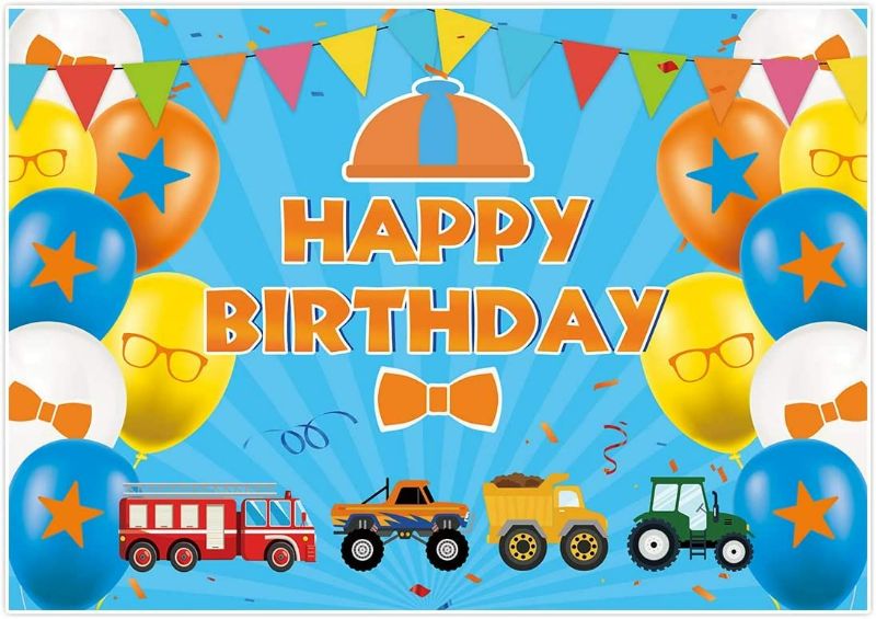 Photo 1 of Allenjoy 7x5ft Happy Birthday Themed Blue Party Backdrop for Kids Birthday Decors Props Cartoon Fire Truck Digger Background Supplies Banners Baby Shower Cake Smash Studio Pictures Shoot Favors