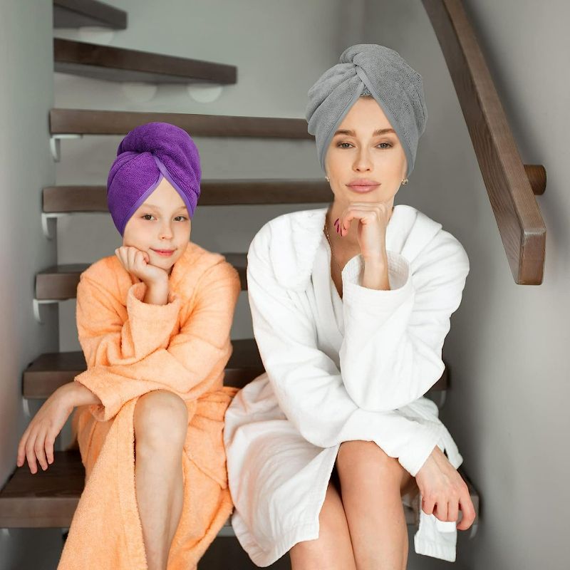 Photo 7 of YoulerTex Microfiber Hair Towel Wrap for Women, 2 Pack 10 inch X 26 inch, Super Absorbent Quick Dry Hair Turban for Drying Curly, Long, Thick Hair(Purple+Gray) 