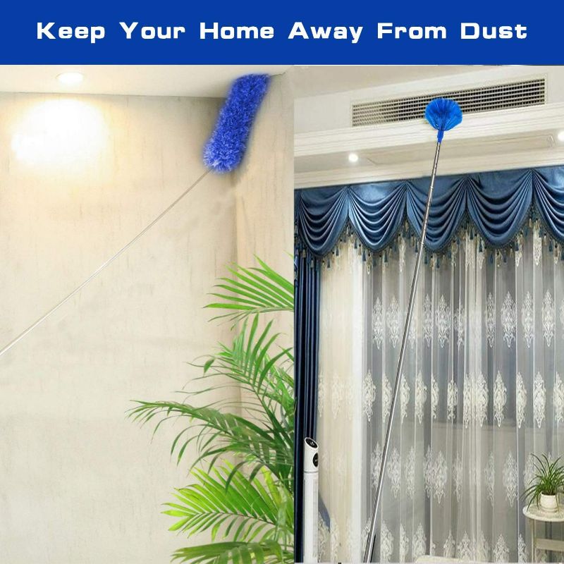 Photo 3 of Blue Microfiber Duster, Feather Duster with 100 Inch Telescoping Extension Pole, Reusable Bendable Dusters, Washable Lightweight Dusters for Ceilings Fans