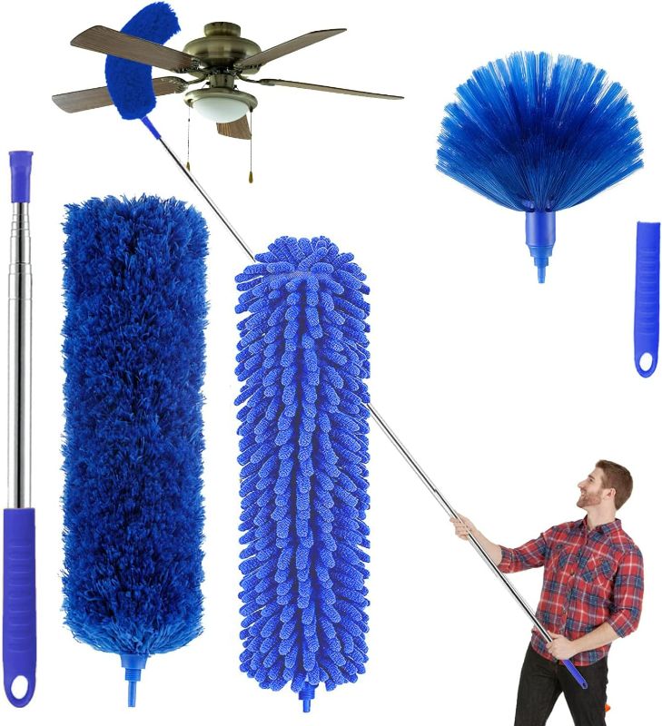 Photo 1 of Blue Microfiber Duster, Feather Duster with 100 Inch Telescoping Extension Pole, Reusable Bendable Dusters, Washable Lightweight Dusters for Ceilings Fans