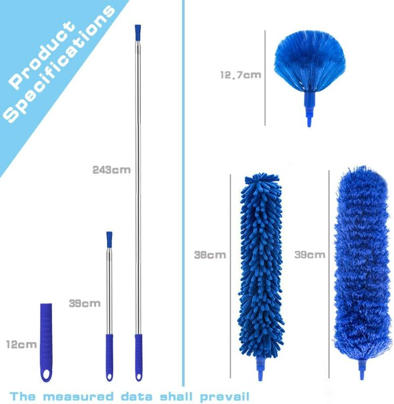 Photo 2 of Blue Microfiber Duster, Feather Duster with 100 Inch Telescoping Extension Pole, Reusable Bendable Dusters, Washable Lightweight Dusters for Ceilings Fans