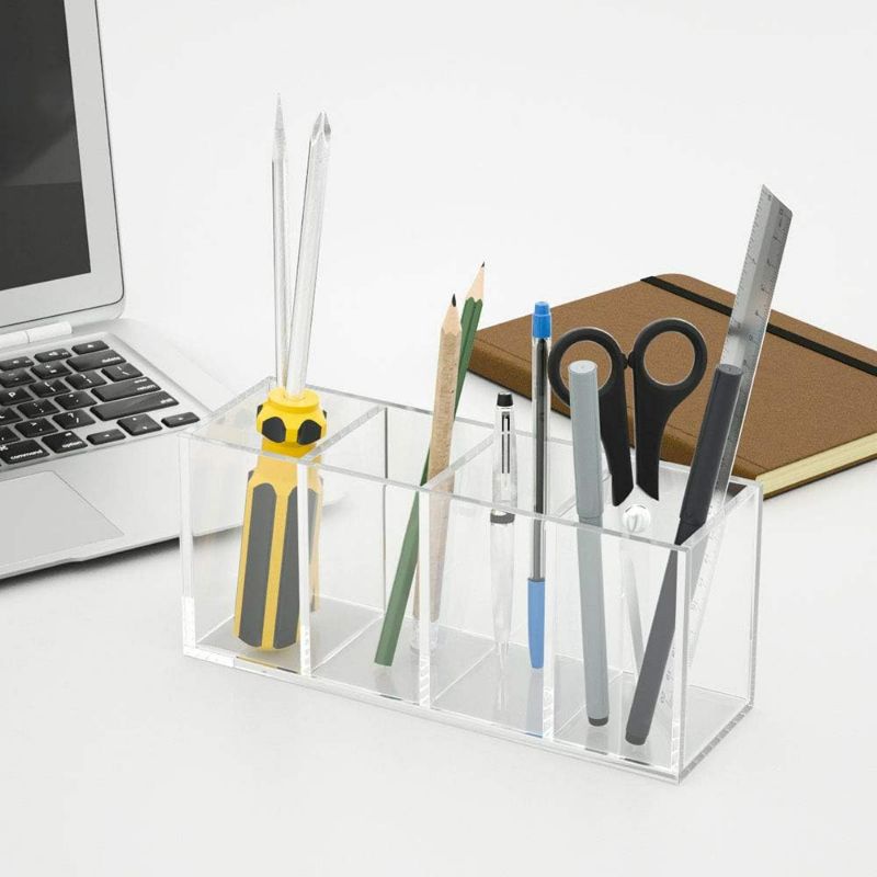 Photo 6 of NIUBEE Acrylic Pen Holder 4 Compartments, Clear Pencil Organizer Cup for Countertop Desk Accessory Storage ( Clear) 