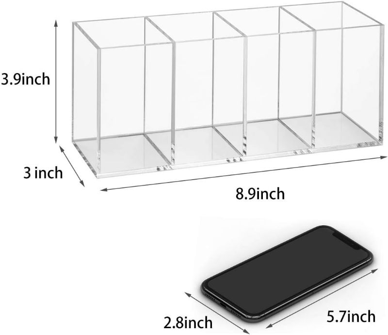 Photo 3 of NIUBEE Acrylic Pen Holder 4 Compartments, Clear Pencil Organizer Cup for Countertop Desk Accessory Storage ( Clear) 