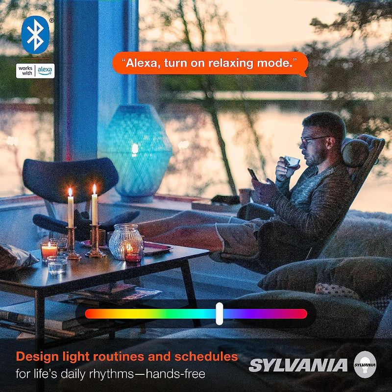 Photo 5 of SYLVANIA Bluetooth Mesh LED Smart Light Bulb, One Touch Set Up, A19 60W Equivalent, E26, RGBW Full Color & Adjustable White, Works with Alexa Only - 2 Count (Pack of 1) (75760)