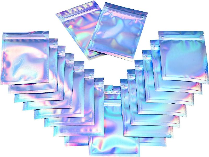 Photo 1 of 100 Pieces Resealable Smell Proof Bag ( 8.5x13cm) Various Size Mylar Bags Ziplock Bags Flat Clear Ziplock Storage Bags Holographic Rainbow Color