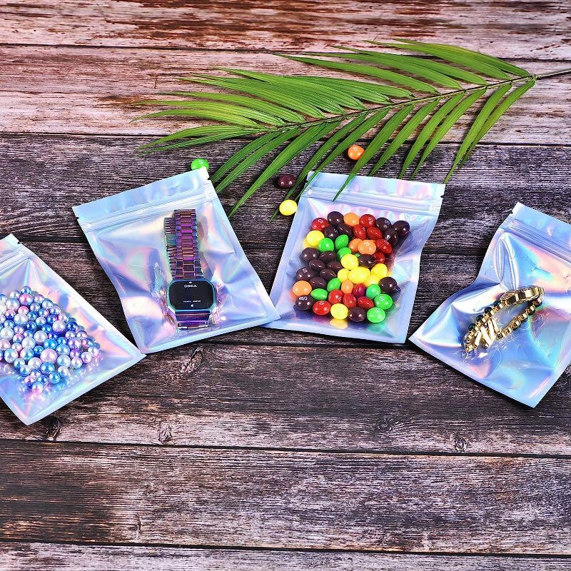 Photo 5 of 100 Pieces Resealable Smell Proof Bag ( 8.5x13cm) Various Size Mylar Bags Ziplock Bags Flat Clear Ziplock Storage Bags Holographic Rainbow Color