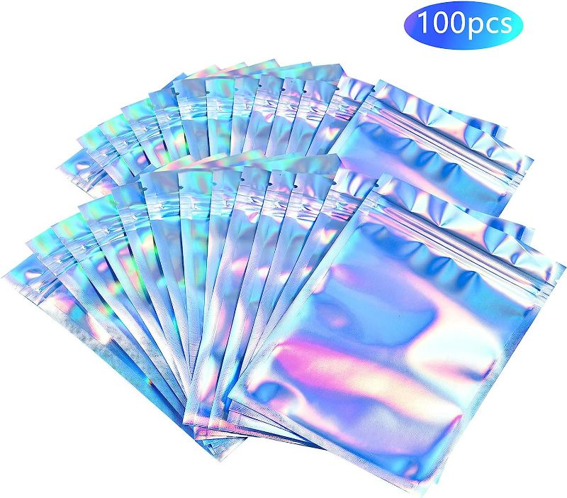 Photo 2 of 100 Pieces Resealable Smell Proof Bag ( 8.5x13cm) Various Size Mylar Bags Ziplock Bags Flat Clear Ziplock Storage Bags Holographic Rainbow Color