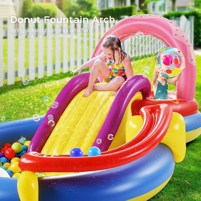 Photo 5 of Inflatable Play Center, Hesung 115" X 70" X 44" Full-Sized Kiddie Pool with Slide, Fountain Arch, Ball Roller for Toddler, Kids, Baby, Thick Wear-Resistant Big Above Ground, Garden Backyard Water Park