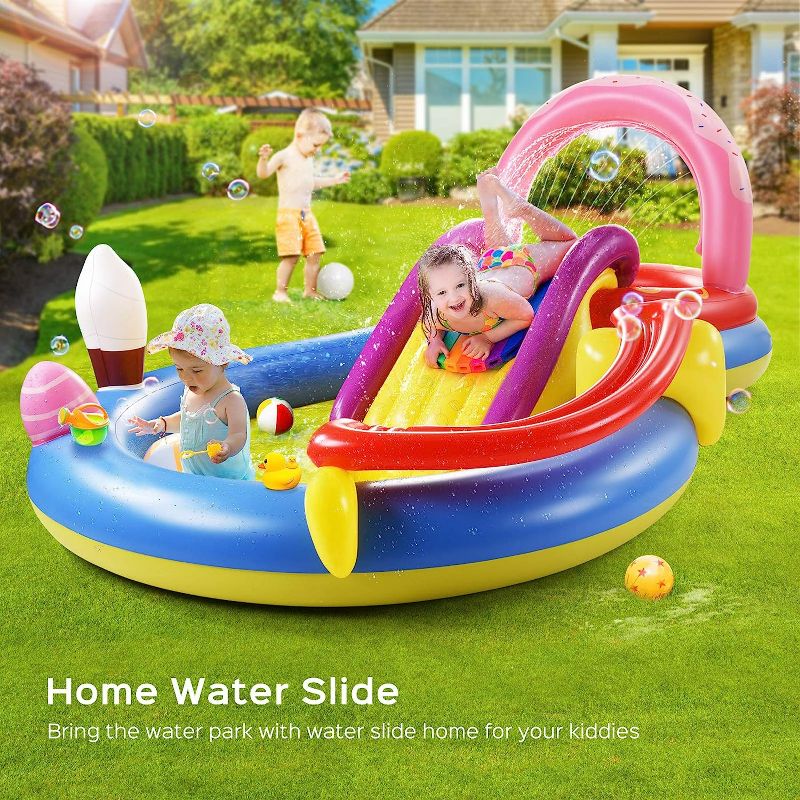 Photo 3 of Inflatable Play Center, Hesung 115" X 70" X 44" Full-Sized Kiddie Pool with Slide, Fountain Arch, Ball Roller for Toddler, Kids, Baby, Thick Wear-Resistant Big Above Ground, Garden Backyard Water Park