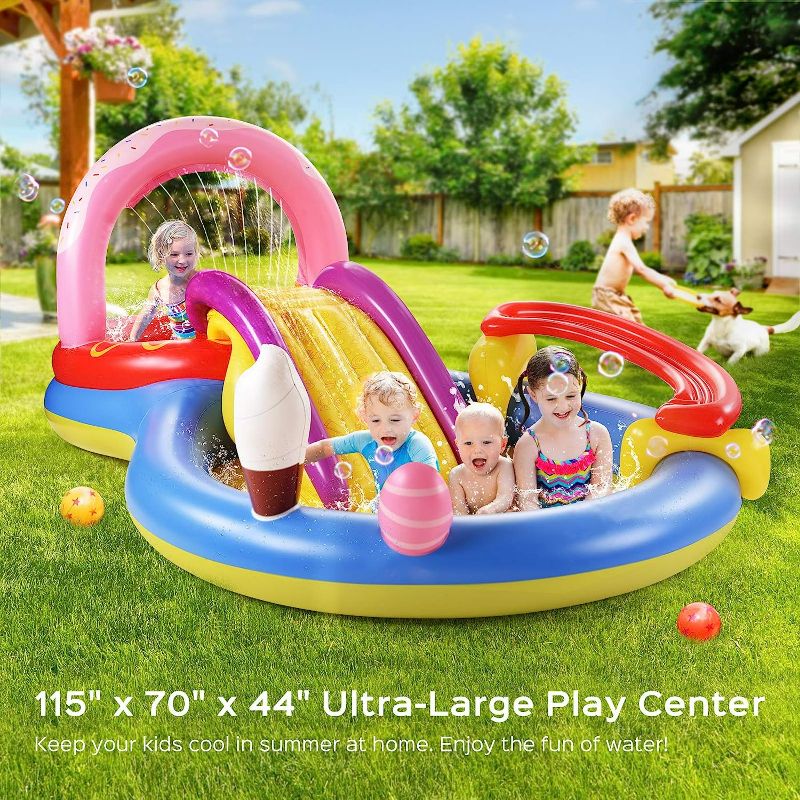 Photo 2 of Inflatable Play Center, Hesung 115" X 70" X 44" Full-Sized Kiddie Pool with Slide, Fountain Arch, Ball Roller for Toddler, Kids, Baby, Thick Wear-Resistant Big Above Ground, Garden Backyard Water Park