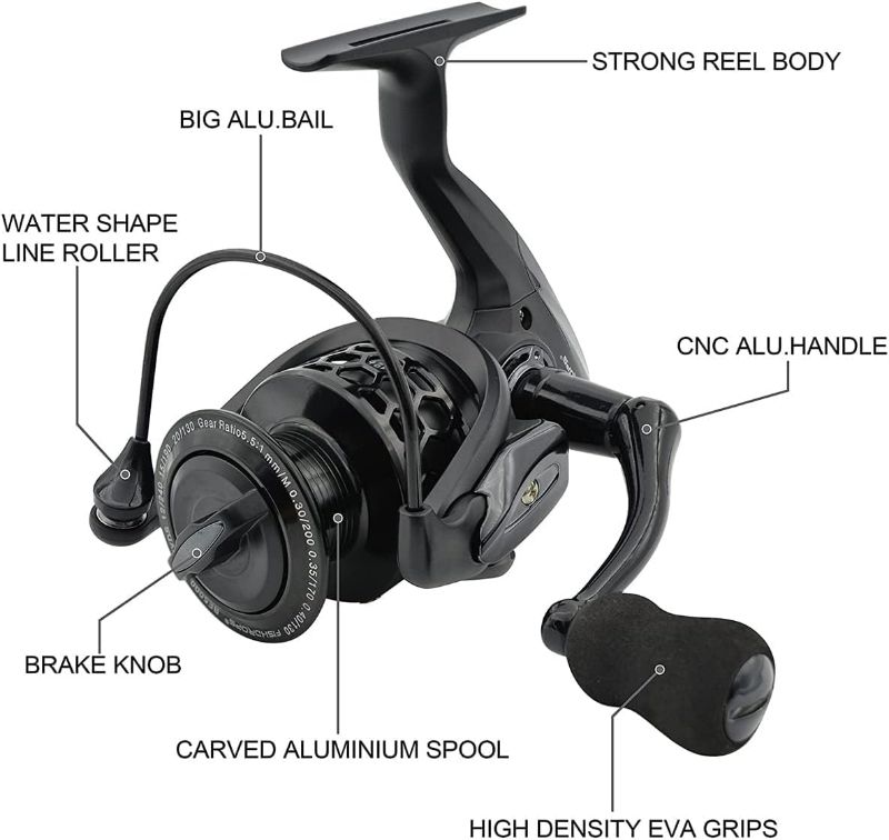Photo 5 of Fishdrops Spinning Fishing Reels 12+1BB Ultra Lightweight Carved Aluminum Spool Reels Affordable Smooth Spinning Reels BE Black Size3000