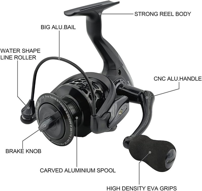 Photo 1 of Fishdrops Spinning Fishing Reels 12+1BB Ultra Lightweight Carved Aluminum Spool Reels Affordable Smooth Spinning Reels BE Black Size3000