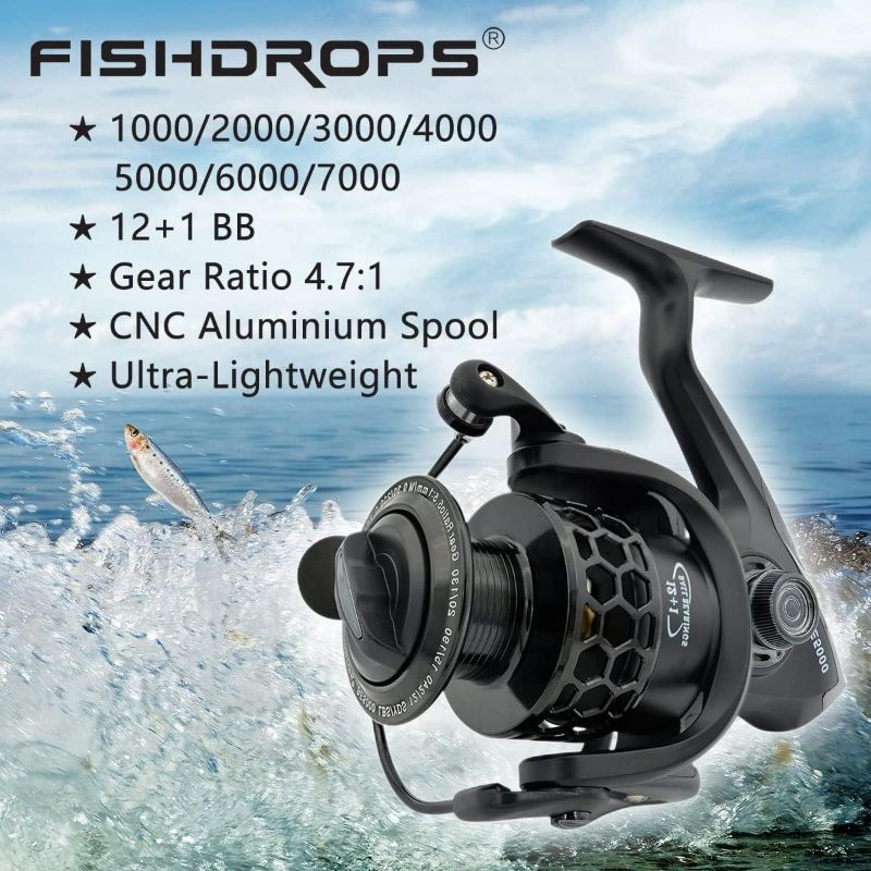 Photo 3 of Fishdrops Spinning Fishing Reels 12+1BB Ultra Lightweight Carved Aluminum Spool Reels Affordable Smooth Spinning Reels BE Black Size3000