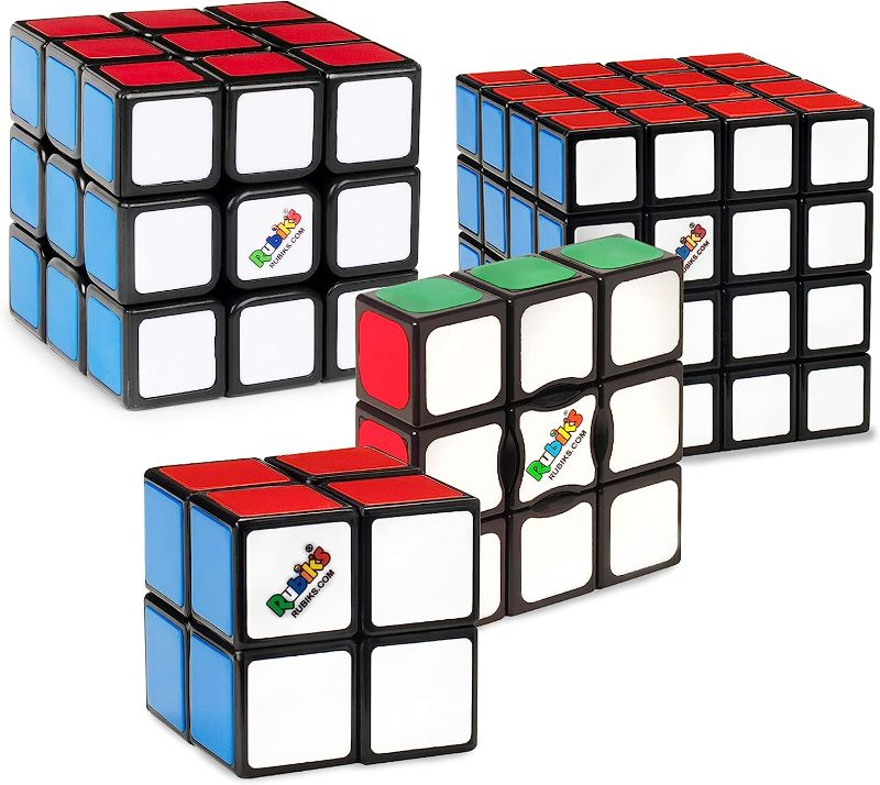 Photo 1 of Rubik’s Solve The Cube, 4-Pack Bundle Edge 2x2 Mini 3x3 Original 4x4 Master Brain Tease Toy Gift Set, for Adults & Kids Ages 8 and up Amazon Exclusive