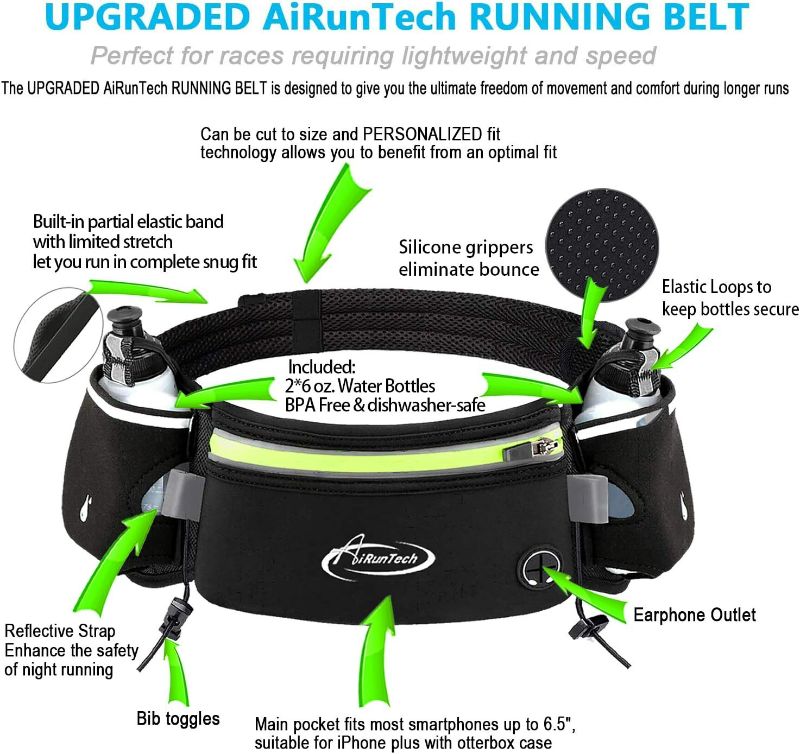 Photo 4 of AiRunTech Hydration Running Belt with Bottles Zero Bounce Design for Running, Triathlon, Ironman, Marathon, 10K, 5K, Trail Fit for Most Smartphones ( 2 , 6 oz Bottles )