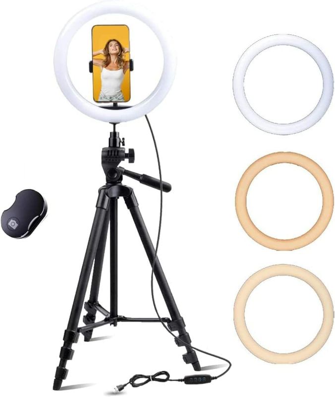 Photo 1 of 12.6" ring light with 54" tripod stand and flexible phone holder for live stream/makeup/photography, upgraded dimmable led beauty camera ringlight compatible with all cellphones