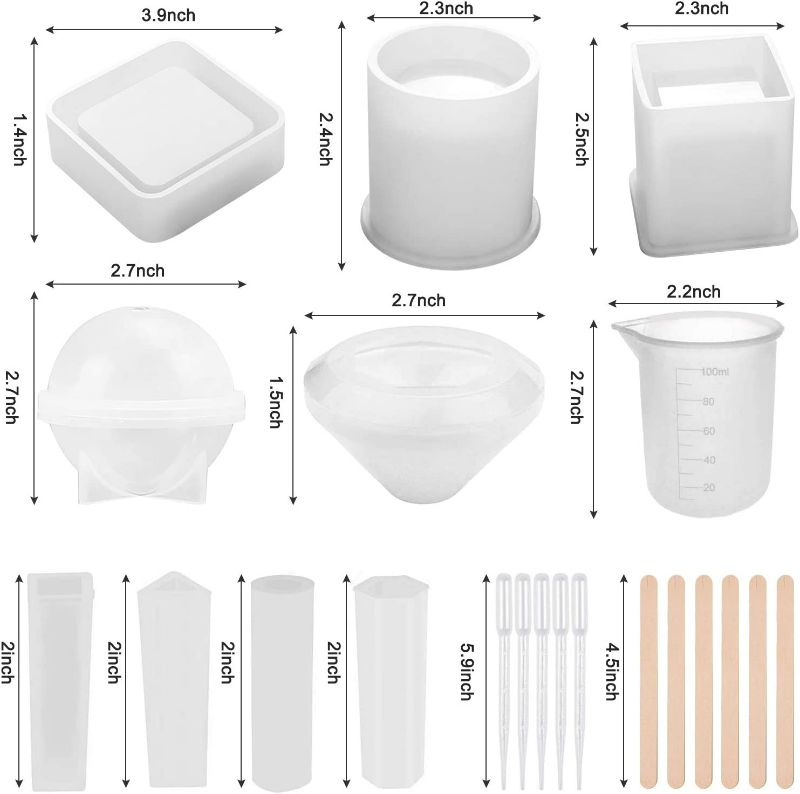 Photo 6 of Apsung 68 PCS Resin Silicone Molds Set, Epoxy Casting Art Molds Includes Square, Cylinder, Cube, Round, Diamond, Mixing Cup, Pendant Molds and Wood Sticks for Coaster, Ashtray, Pen Jewelry Holder