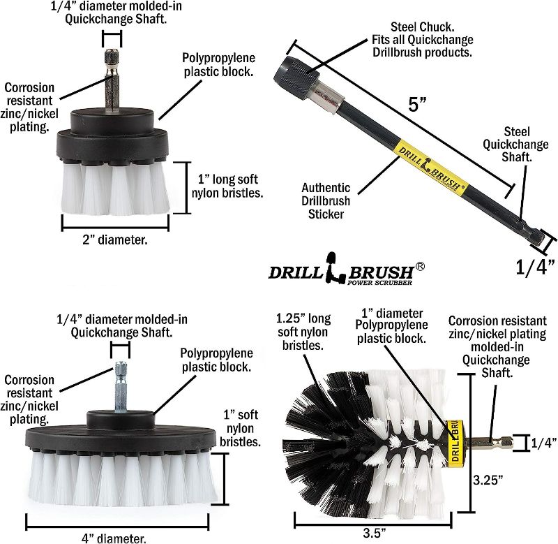 Photo 5 of Drill Brush Car Washing and Detailing Power Brush Kit with Long-Reach Removable Extension. Auto Care Set Includes 3 Different Size, Replaceable, Soft White Scrubber Brushes with Quick Change Extender