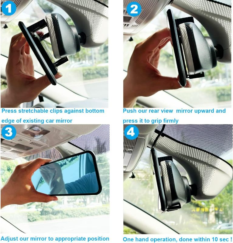 Photo 4 of Kitbest Rear View Mirror, Universal Clip On Rearview Mirror, Wide Angle Mirror, Car Mirror, Panoramic Interior Extended Rear View Mirror, Rearview Mirror Extender, Anti Glare, Blue Tint for Car Truck ( 11.8"(300mm) (11.8 Lx2.7" H )