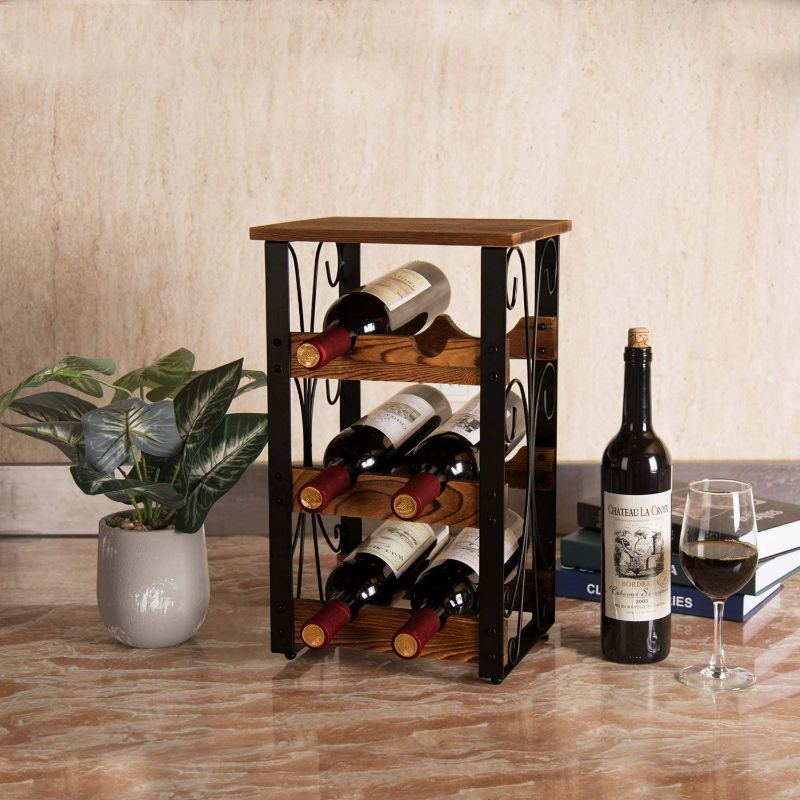 Photo 3 of X-cosrack Rustic 6 Bottles Tabletop Wine Rack Freestanding 3 Tier Wine Organizer Holder Stand Countertop Liquor Storage Shelf Solid Wood & Iron 10.6" L x 8.6" W x 17.8" H