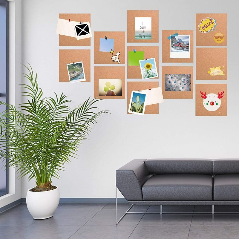 Photo 3 of  Cork Board 12"x12" - 1/2" Thick Square Bulletin Boards 12 Pack Cork Tiles with 100 PCS Push Pins Mini Wall Self-Adhesive Corkboards Tiles for Wall