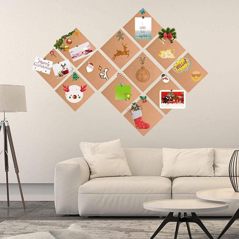 Photo 2 of  Cork Board 12"x12" - 1/2" Thick Square Bulletin Boards 12 Pack Cork Tiles with 100 PCS Push Pins Mini Wall Self-Adhesive Corkboards Tiles for Wall