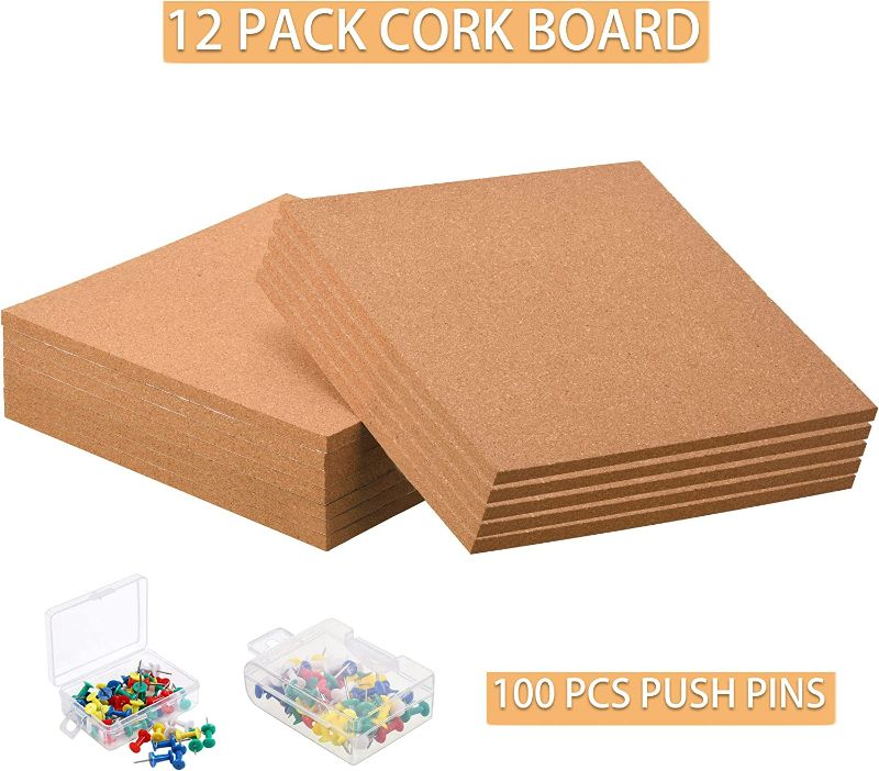 Photo 6 of  Cork Board 12"x12" - 1/2" Thick Square Bulletin Boards 12 Pack Cork Tiles with 100 PCS Push Pins Mini Wall Self-Adhesive Corkboards Tiles for Wall