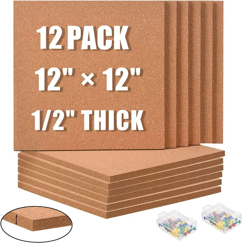 Photo 1 of  Cork Board 12"x12" - 1/2" Thick Square Bulletin Boards 12 Pack Cork Tiles with 100 PCS Push Pins Mini Wall Self-Adhesive Corkboards Tiles for Wall