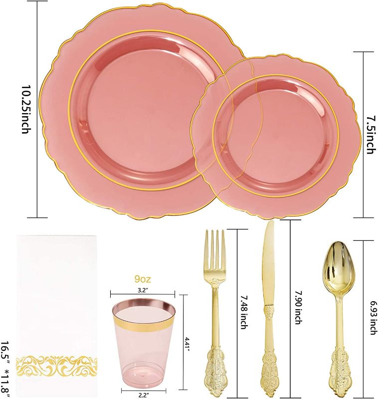 Photo 2 of KIRE 30 Guest Clear Pink Plastic Plates with Gold Rim& Disposable Gold Plastic Silverware &Pink Cups&Hand Napkin- Plum Colored Plastic Dinnerware for Upscale Wedding &Parties& Easter