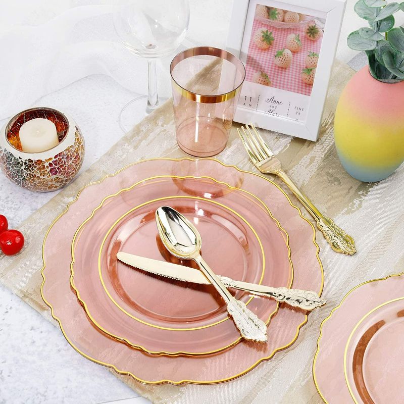 Photo 7 of KIRE 30 Guest Clear Pink Plastic Plates with Gold Rim& Disposable Gold Plastic Silverware &Pink Cups&Hand Napkin- Plum Colored Plastic Dinnerware for Upscale Wedding &Parties& Easter