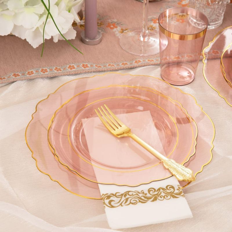 Photo 3 of KIRE 30 Guest Clear Pink Plastic Plates with Gold Rim& Disposable Gold Plastic Silverware &Pink Cups&Hand Napkin- Plum Colored Plastic Dinnerware for Upscale Wedding &Parties& Easter