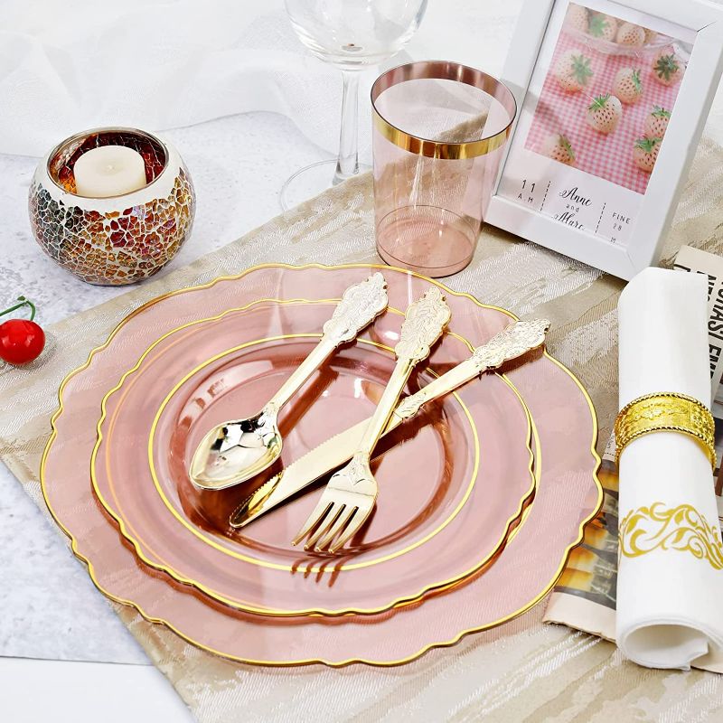 Photo 6 of KIRE 30 Guest Clear Pink Plastic Plates with Gold Rim& Disposable Gold Plastic Silverware &Pink Cups&Hand Napkin- Plum Colored Plastic Dinnerware for Upscale Wedding &Parties& Easter